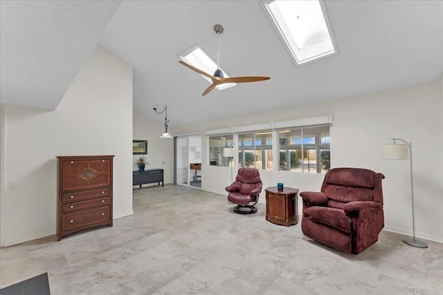3685 Vista Campana N Unit 56, Oceanside, CA 92057 - sitting room with ceiling fan, high vaulted ceiling, and a skylight