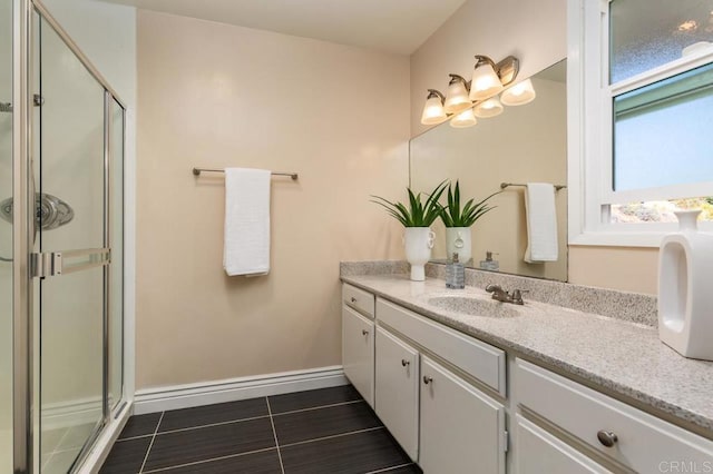 bathroom featuring tile patterned flooring, vanity, and a shower with door