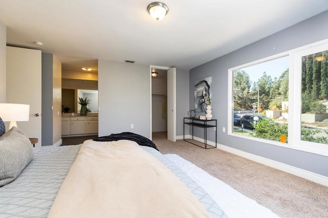 bedroom featuring carpet flooring, a closet, a spacious closet, and ensuite bath