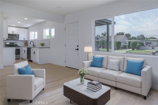 living room with sink and light hardwood / wood-style floors