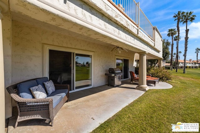 view of patio featuring grilling area, an outdoor living space, and a balcony