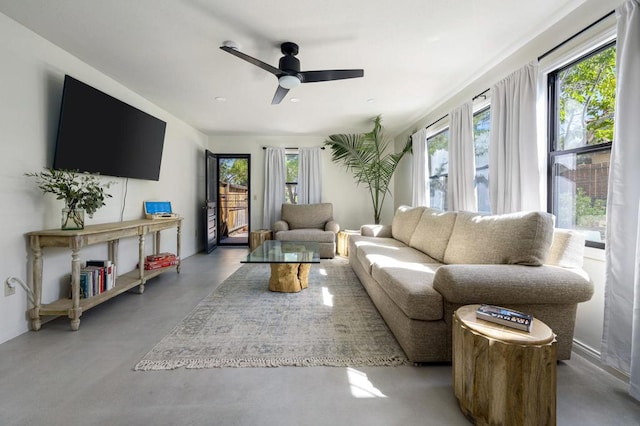 living room featuring ceiling fan