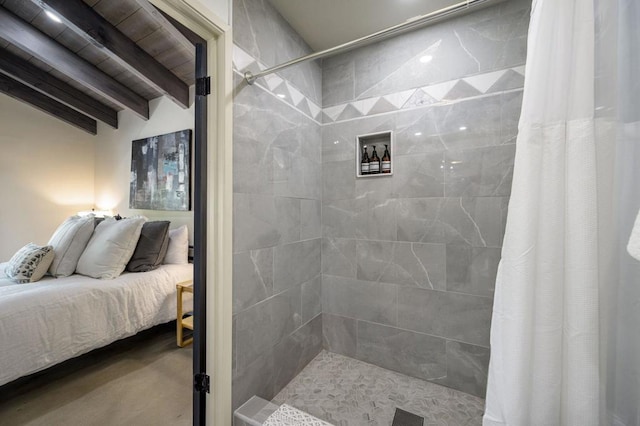 bathroom with lofted ceiling with beams and a shower with shower curtain