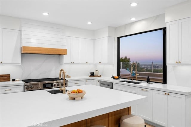 kitchen featuring sink, stainless steel range oven, a kitchen island with sink, white cabinets, and custom range hood