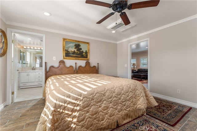 bedroom with ornamental molding, ensuite bathroom, ceiling fan, and light hardwood / wood-style flooring