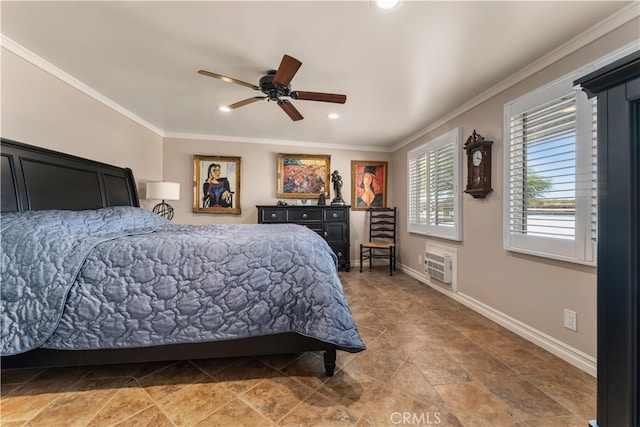 bedroom featuring ornamental molding, a wall unit AC, and ceiling fan