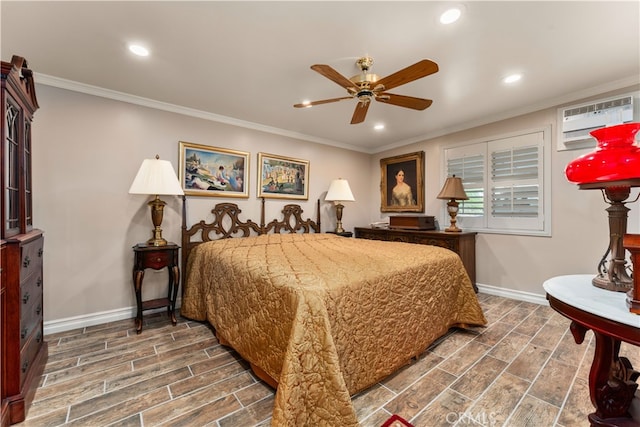 bedroom with ceiling fan, crown molding, dark hardwood / wood-style flooring, and a wall unit AC