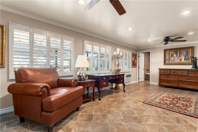 sitting room with a wall mounted air conditioner, crown molding, a wealth of natural light, and ceiling fan