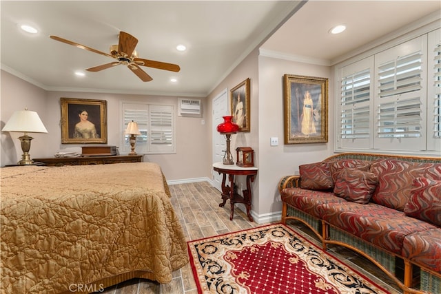 bedroom with ceiling fan, ornamental molding, and light hardwood / wood-style floors