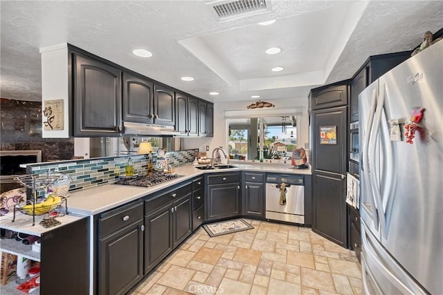 kitchen with backsplash, a textured ceiling, stainless steel appliances, a raised ceiling, and sink