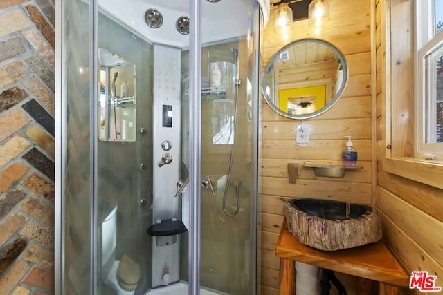 bathroom with wood walls