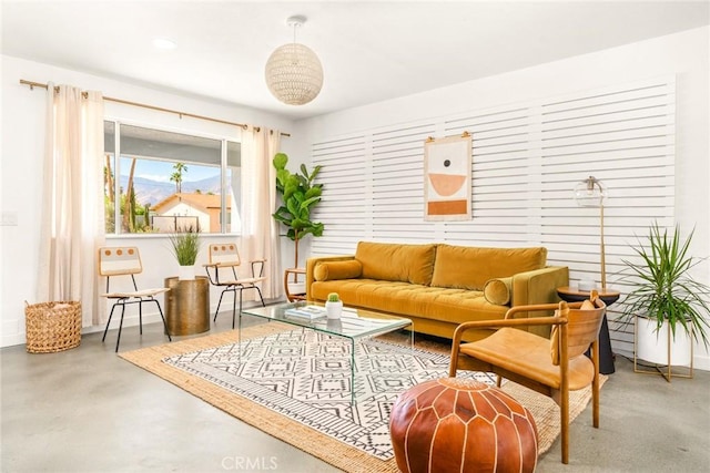 living room with concrete floors