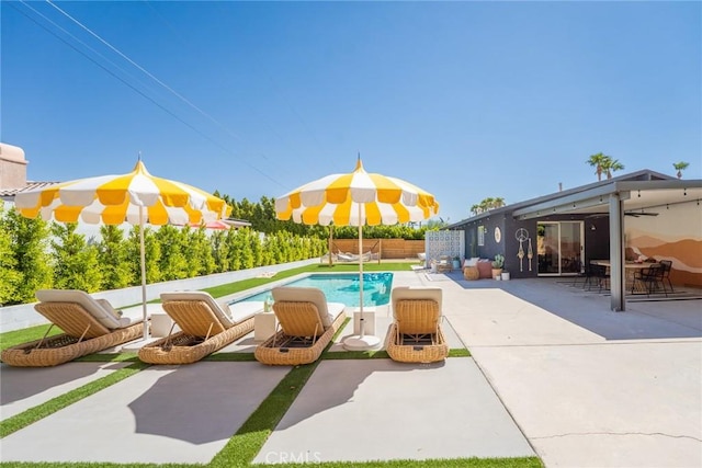 view of pool featuring a patio and ceiling fan