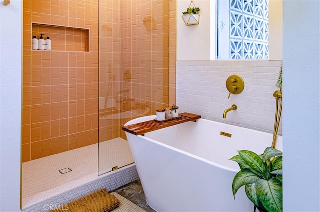 bathroom with shower with separate bathtub