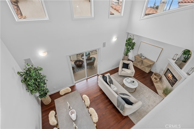 living room featuring dark hardwood / wood-style floors, a high ceiling, and plenty of natural light