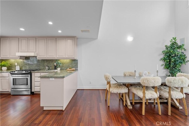 kitchen featuring tasteful backsplash, gas stove, dark hardwood / wood-style flooring, kitchen peninsula, and light stone counters