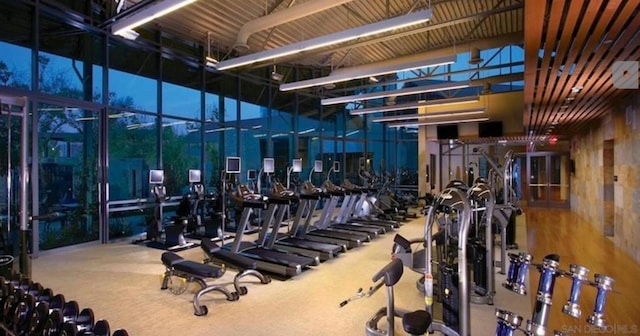 exercise room with a towering ceiling and a wall of windows