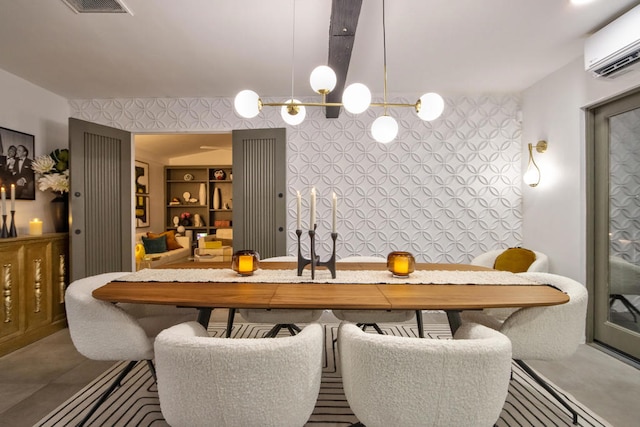 dining space with built in shelves and an AC wall unit