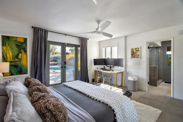 bedroom with french doors, connected bathroom, access to outside, and ceiling fan