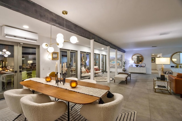 dining space featuring french doors and a wall unit AC