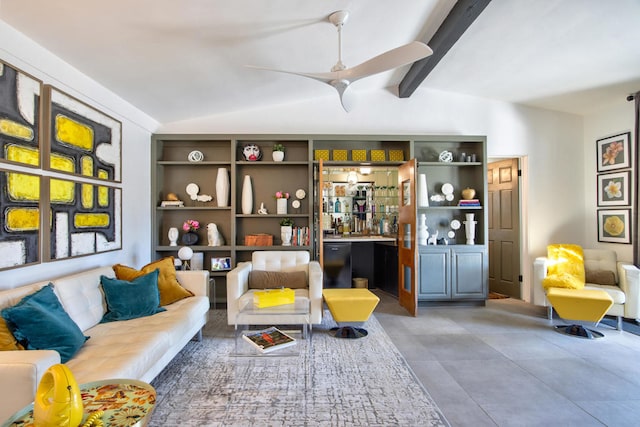 living area with bar, ceiling fan, and lofted ceiling with beams