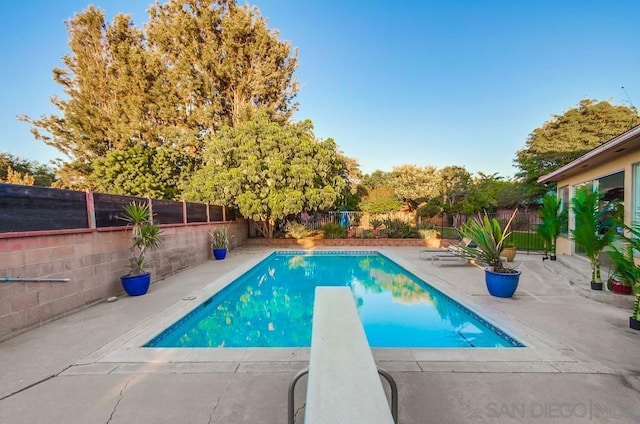 view of swimming pool with a diving board