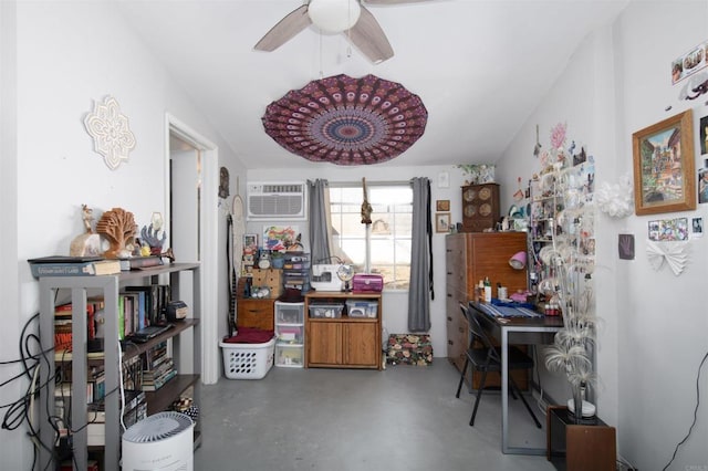 interior space featuring a wall mounted air conditioner, concrete floors, and ceiling fan