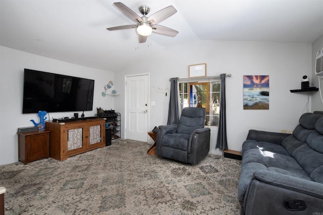 carpeted living room with vaulted ceiling and ceiling fan