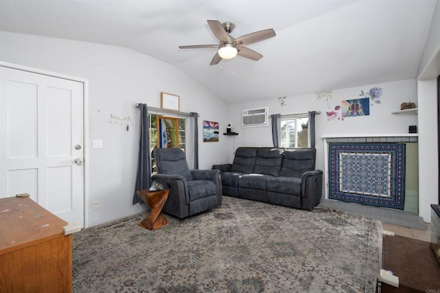 living room featuring an AC wall unit, ceiling fan, and lofted ceiling