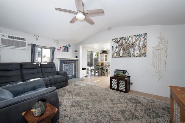 tiled living room with an AC wall unit, ceiling fan, plenty of natural light, and lofted ceiling