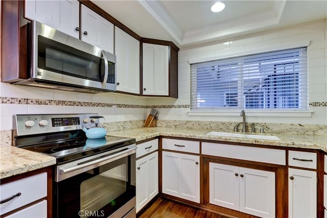 kitchen with sink, a tray ceiling, stainless steel appliances, and white cabinets