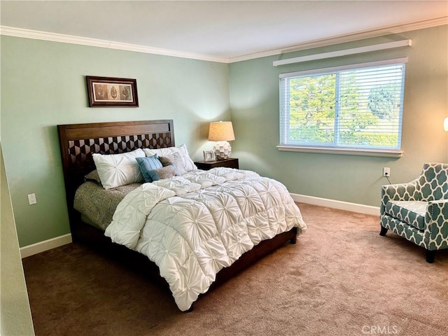 carpeted bedroom featuring crown molding