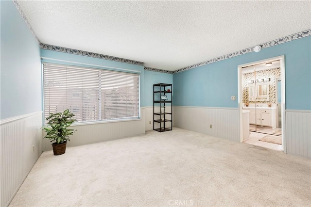 spare room featuring wainscoting, a textured ceiling, and carpet flooring