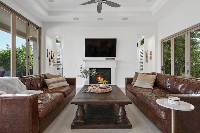 living room featuring ornamental molding, french doors, ceiling fan, and a raised ceiling