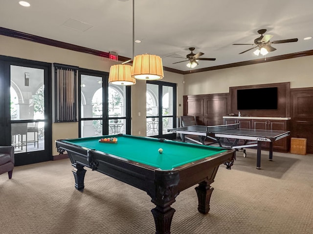 playroom featuring pool table, ornamental molding, light colored carpet, and ceiling fan