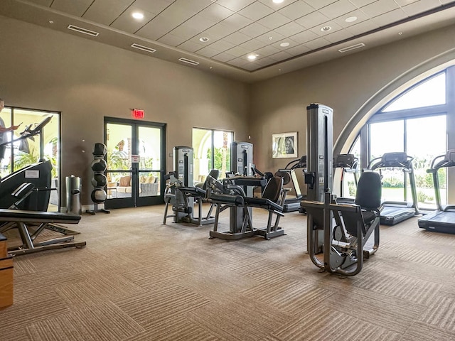 gym featuring a towering ceiling, french doors, light carpet, and plenty of natural light