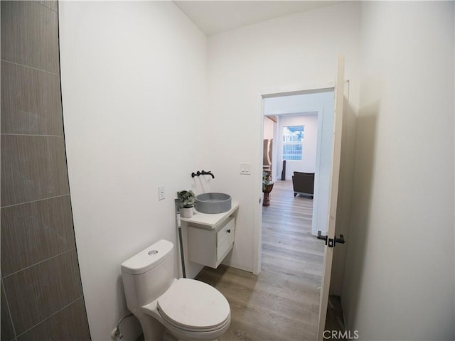 bathroom with vanity, toilet, and wood finished floors