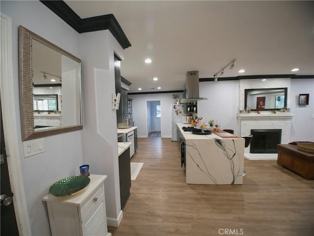 kitchen with light wood finished floors, island range hood, ornamental molding, freestanding refrigerator, and light countertops