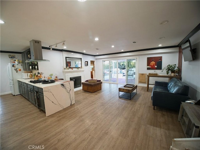 kitchen featuring white appliances, light countertops, open floor plan, and ventilation hood