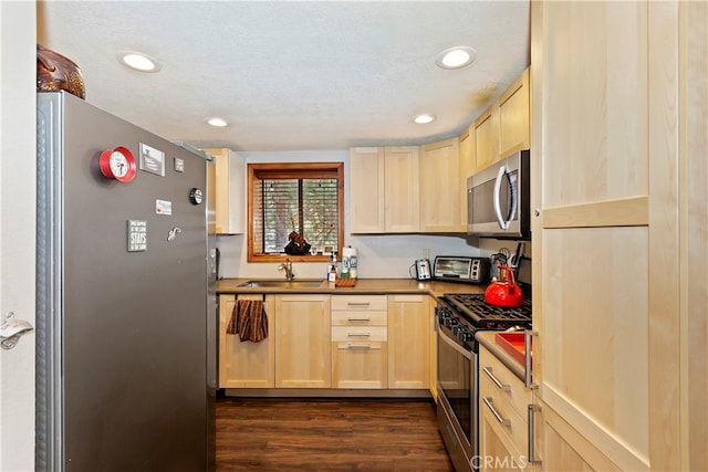 kitchen with stainless steel appliances, dark hardwood / wood-style floors, sink, and light brown cabinets