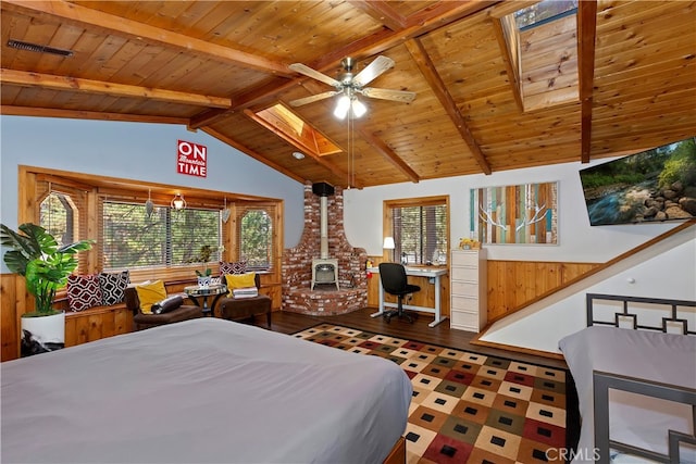 bedroom with lofted ceiling with beams, ceiling fan, wooden ceiling, and wooden walls