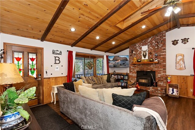 42401 Avalon Rd, Big Bear Lake, CA 92315 - living area featuring dark wood-style flooring, wooden ceiling, vaulted ceiling with beams, and a wainscoted wall