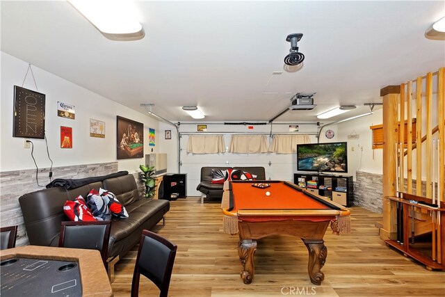 42401 Avalon Rd, Big Bear Lake, CA 92315 - game room with a garage, pool table, and light wood-style floors