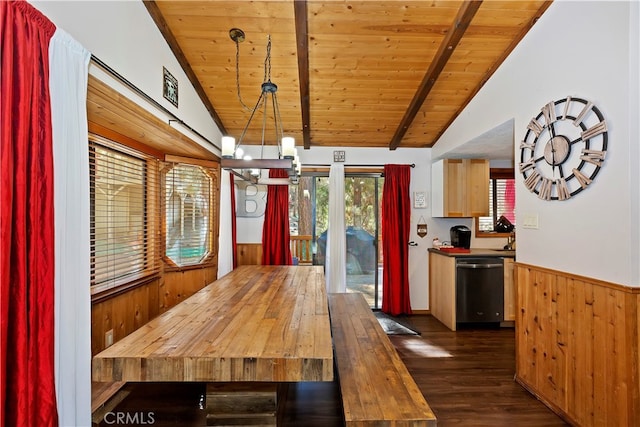 unfurnished dining area with an inviting chandelier, vaulted ceiling with beams, wooden walls, dark hardwood / wood-style floors, and wooden ceiling