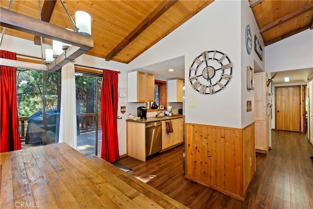 kitchen with dishwasher, vaulted ceiling with beams, and wooden ceiling