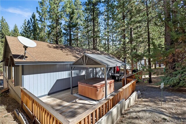 42401 Avalon Rd, Big Bear Lake, CA 92315 - wooden terrace featuring a hot tub and a gazebo