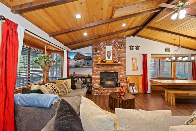 42401 Avalon Rd, Big Bear Lake, CA 92315 - living area featuring ceiling fan, a wood stove, wainscoting, wood finished floors, and wooden ceiling