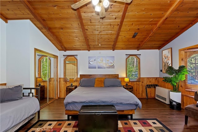 bedroom with wood ceiling, ceiling fan, dark hardwood / wood-style flooring, and vaulted ceiling with beams