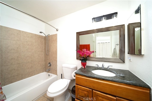 full bathroom with vanity, shower / bath combo with shower curtain, toilet, and tile patterned floors