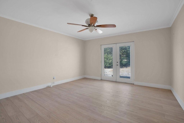 spare room featuring french doors, light hardwood / wood-style floors, ornamental molding, and ceiling fan